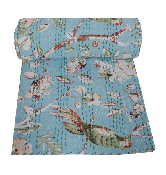 King Quilt Turquiuse Bird Print King Kantha Quilt Hand Block Etsy