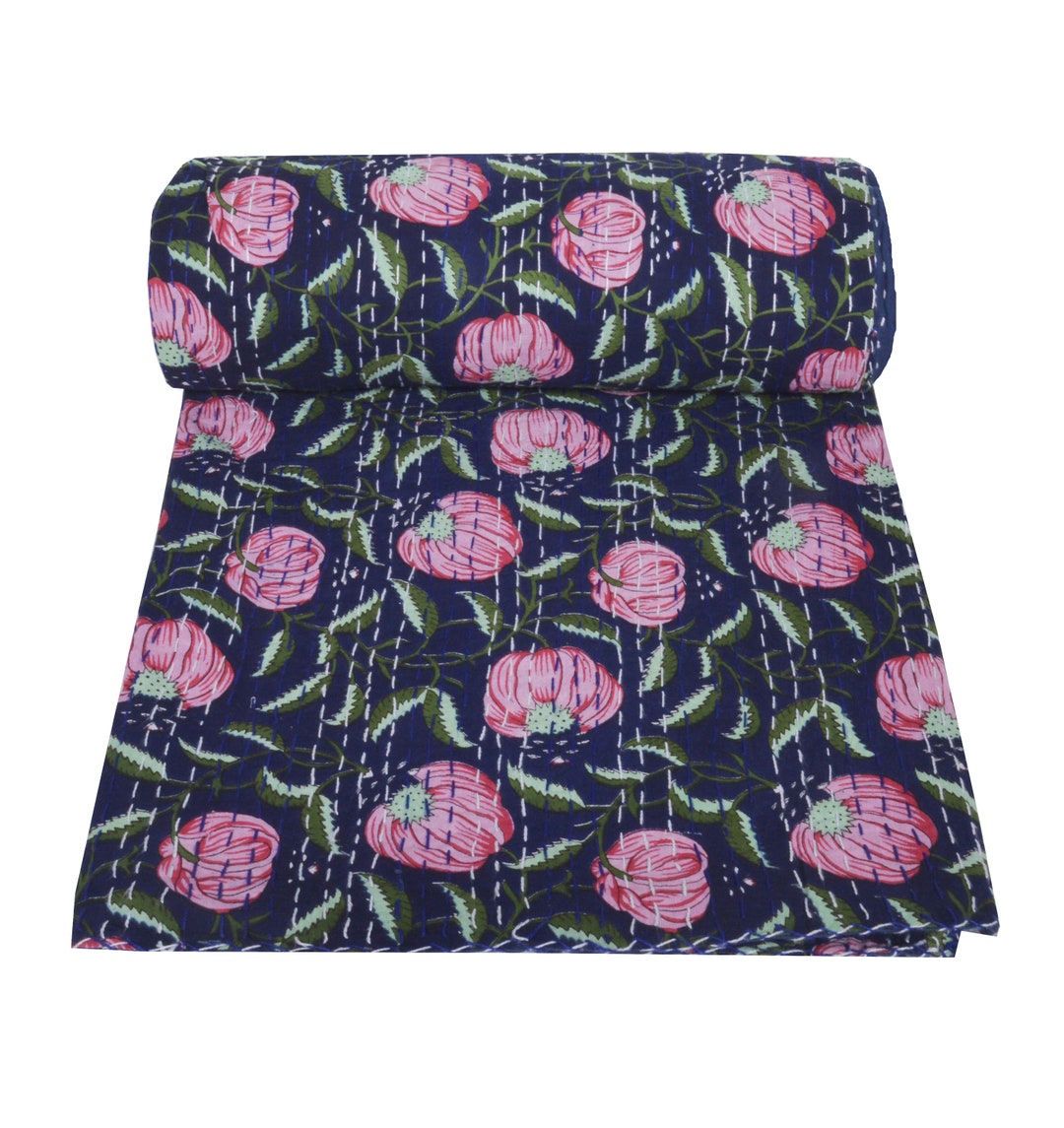 King Kantha Quilt New Floral Print Quilt Queen Size Kantha Throw