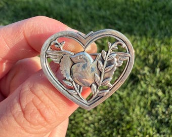 Vintage Coro Sterling Silver Bird inside of a Heart Brooch