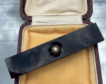 Victorian Mourning Black Onyx and Seed Pearl Rose Gold Brooch