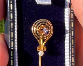 Antique 10 Karat Diamond and Seed Pearl Stick Pin