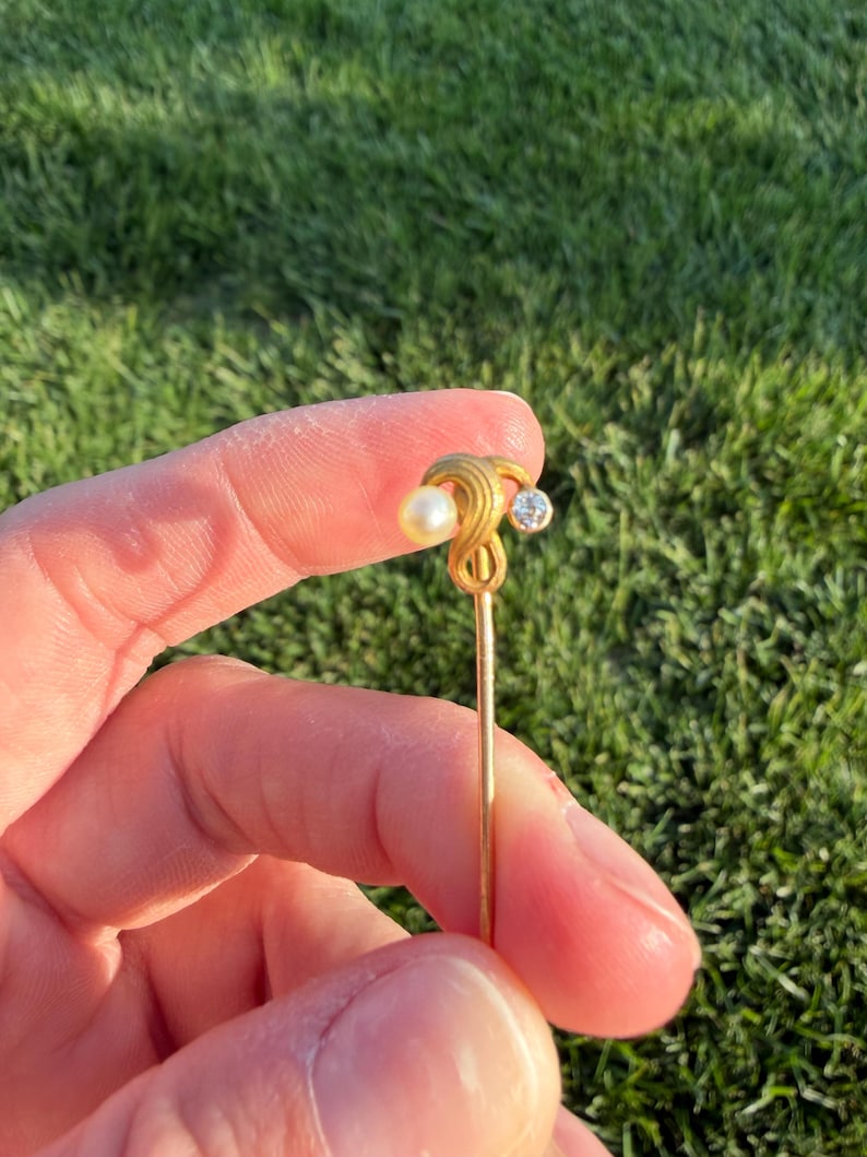 May include: A gold-colored hat pin with a pearl and a small, clear gemstone. The pin has an ornate, swirling design near the top. The background is blurred green grass.