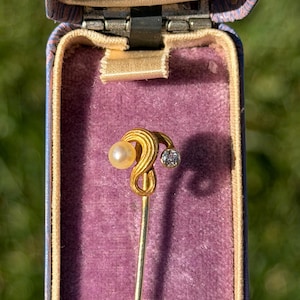 Art Nouveau 14 Karat Gold Diamond and Pearl Stickpin image 15