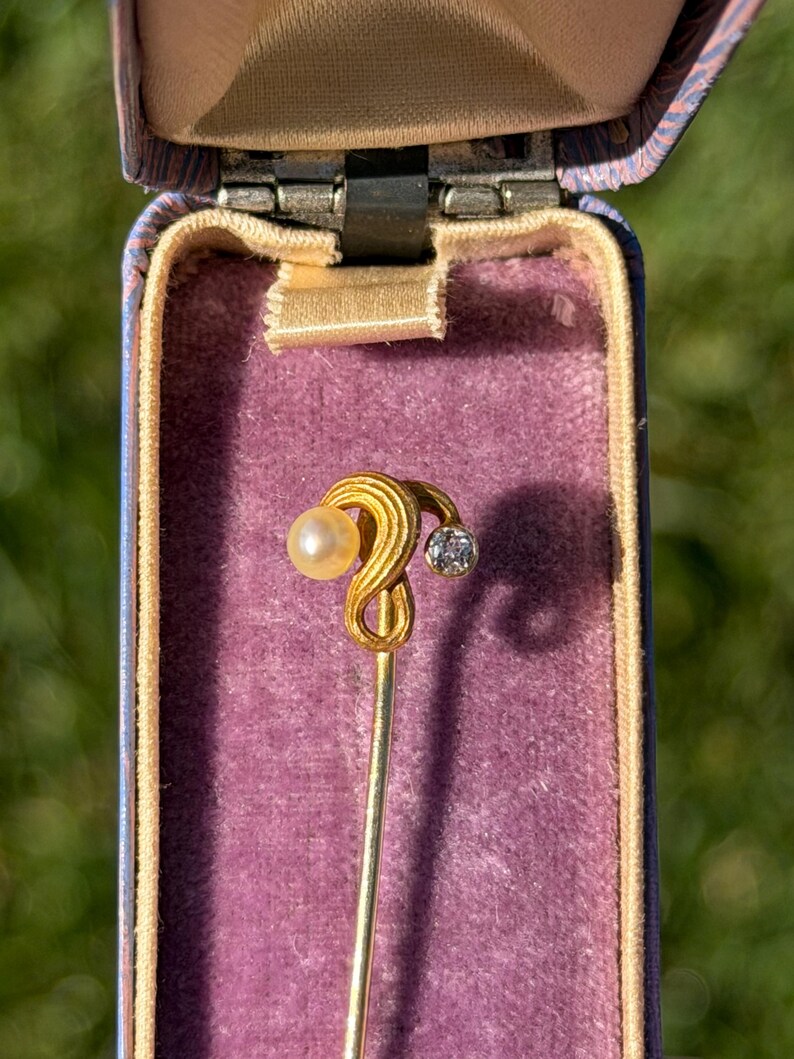Art Nouveau 14 Karat Gold Diamond and Pearl Stickpin image 15