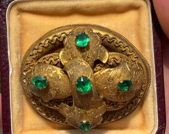 Victorian Etruscan Revival Gilt and Green Paste Brooch
