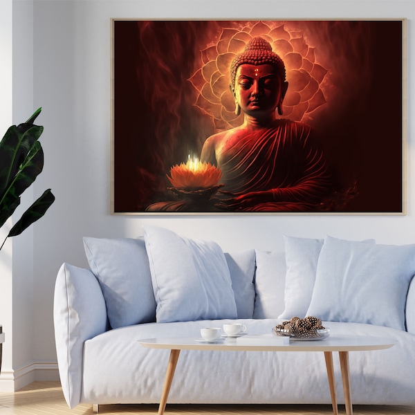 Lord Buddha Wall Art With Colorful Flower Background Wall Decor Frame Canvas Print for Home ...