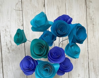 A dozen pretty paper flowers in shades of blue | Party centerpieces, wedding decorations, unique gift for her, custom requests welcome