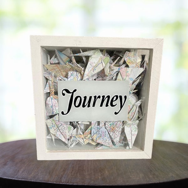 Travel themed origami cranes in shadow boxes | Home decor made from maps | Unique gift for travelers | Globetrotter shelf accent