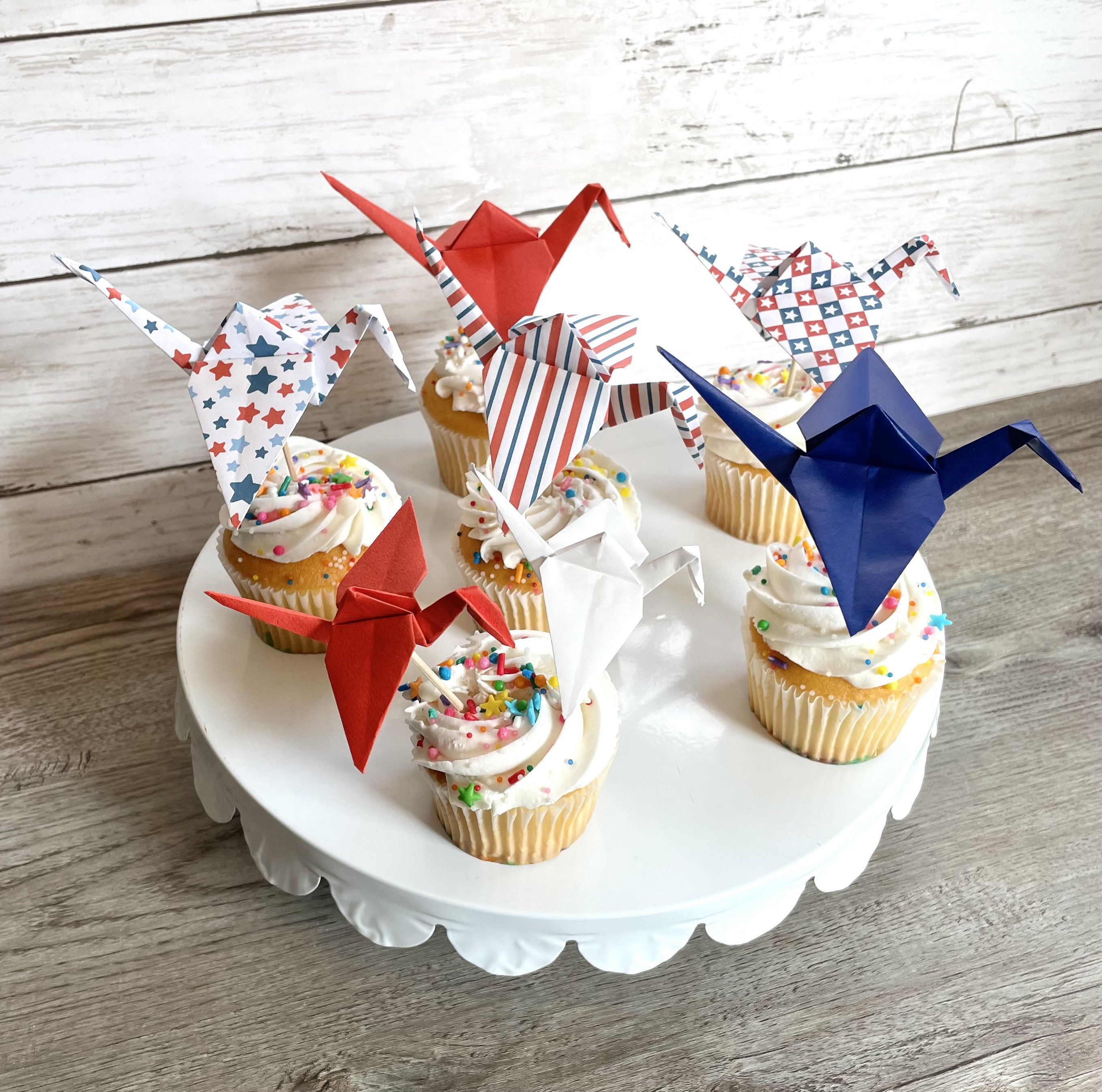 14-pack of patriotic red, white & blue origami crane cupcake toppers for Independence Day events,  July 4th parties, Memorial Day cookouts