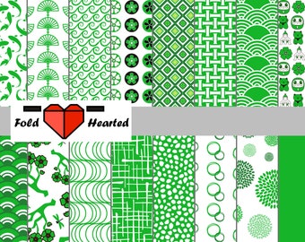 Green Origami Paper Value Pack, Japanese Inspired Patterns, 6 in X 6 in, to DOWNLOAD and PRINT