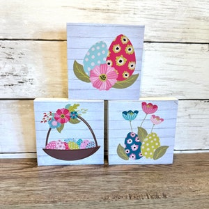 Easter Mini Signs | Decoupaged Shelf Sitters with Easter Eggs, Easter Basket, Spring Flowers | Easter Home Decor | Tiered Tray Accessories