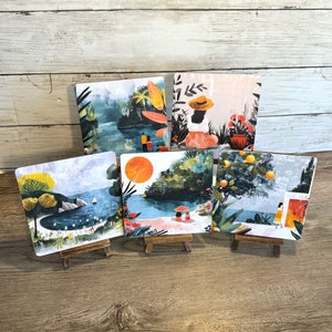 Pretty Seaside Scenes Mini Art with Easels | Small Coastal Signs for Home Decor | Summertime Shelf Accents | Unique Housewarming Gift