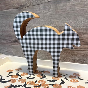 Halloween cat figurine for shelf decor | Decoupaged wooden cat Halloween shelf sitter | Halloween decorations for mantles and tables