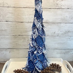 Blue and White Tabletop Holiday Tree | Small Cone Tree Christmas Decoration | Winter Home Decor | Holiday Mantel Accessory