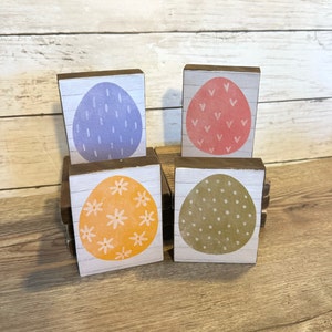 Easter Egg Mini Signs | Decoupaged Wooden Blocks for Shelf Decor and Tiered Trays | Easter Home Decor | Pretty Tabletop Accessories