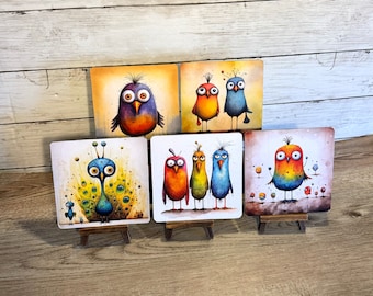 Quirky Birds Mini Art with Easels | Small Whimsical Bird Signs for Home Decor | Unique Gift for Bird Lovers | Cute Stocking Stuffer