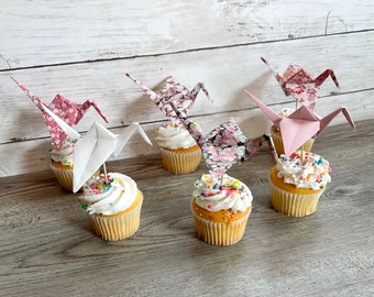 14-pack of cherry blossom origami crane cupcake toppers for cherry blossom parties, birthday parties, bridal and baby showers