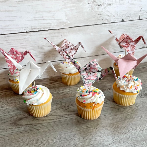 14-pack of cherry blossom origami crane cupcake toppers for cherry blossom parties, birthday parties, bridal and baby showers