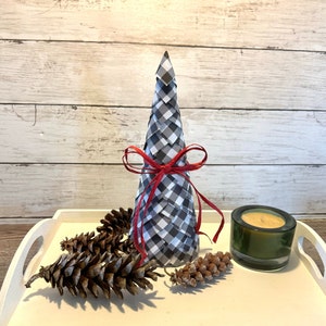 Gingham Tabletop Holiday Tree | Small Cone Christmas Tree | Black and White Winter Home Decor | Decorative Christmas Mantel Accessory