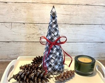 Gingham Tabletop Holiday Tree | Small Cone Christmas Tree | Black and White Winter Home Decor | Decorative Christmas Mantel Accessory
