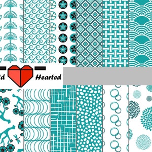 May include: A digital paper pack with 14 different teal and white patterns. The patterns include waves, flowers, geometric shapes, and Japanese-inspired designs. The text "Fold Hearted" is at the top of the image.