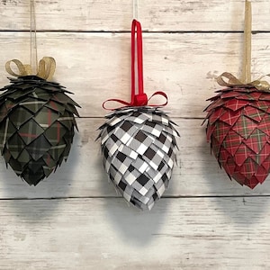 Paper Pinecone Christmas Ornaments in Holiday Plaids | Unique Handcrafted Holiday Gift | Farmhouse Tree Decorations | Hostess Gift