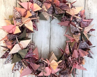 Cherry Blossom Themed Origami Crane Wreath | Unique Spring Wall Decor | Pink and Taupe Wall Art