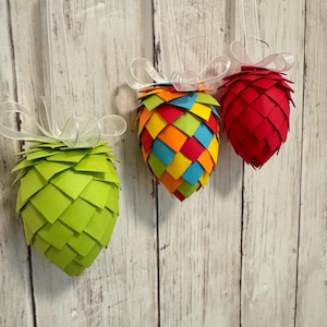 Set of 3 Small Paper Pinecone Christmas Ornaments | Red and Green Tree Decorations | Colorful Holiday Decor | Handcrafted Gift, Hostess Gift