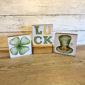 St. Patrick&#39;s Day Mini Signs | Decoupaged Shelf Sitters with Shamrock, Leprechaun Hat, Luck | Irish Home Decor | Tiered Trays