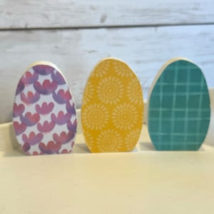 Set of 3 Easter Eggs Shelf Decor | Wooden Tiered Tray Accents for Easter | Mini Decoupaged Easter Eggs | Spring Home Decor