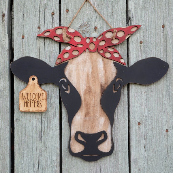 Cow Head Door Hanger, Cow Head With Bandana, Welcome Heifers, Cow Lover Gift, 3D Wood Door Hanger, Cow Wreath, Farmhouse Door Hanger, Rustic