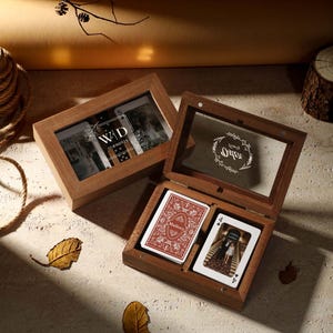 Vintage Solid Wood Glass Lid Playing Card Storage Box | Custom Engraved 2 Deck Poker Organizer, Portable Game Set for Family Game Night