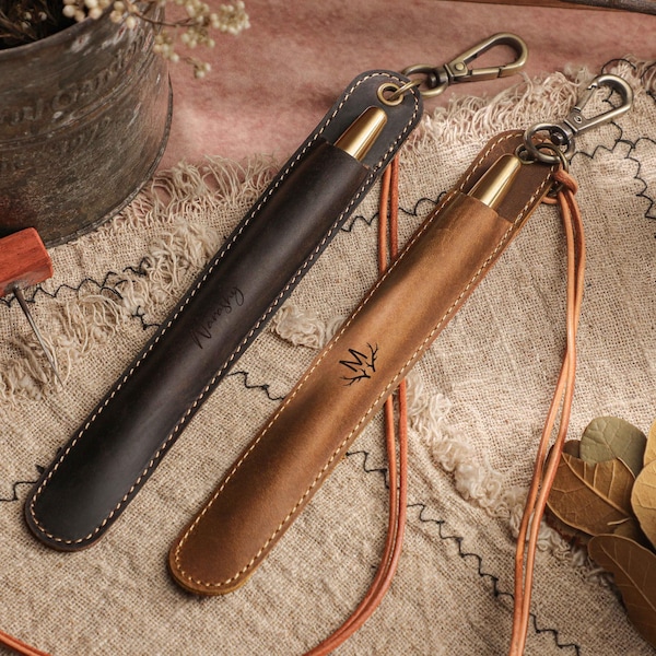 Personalized Pen Holder for Notebook, Pen Organizer, Handmade Neck Strap Pen Case, Engraved Leather Pen Loop, Vintage Leather Pen Holder