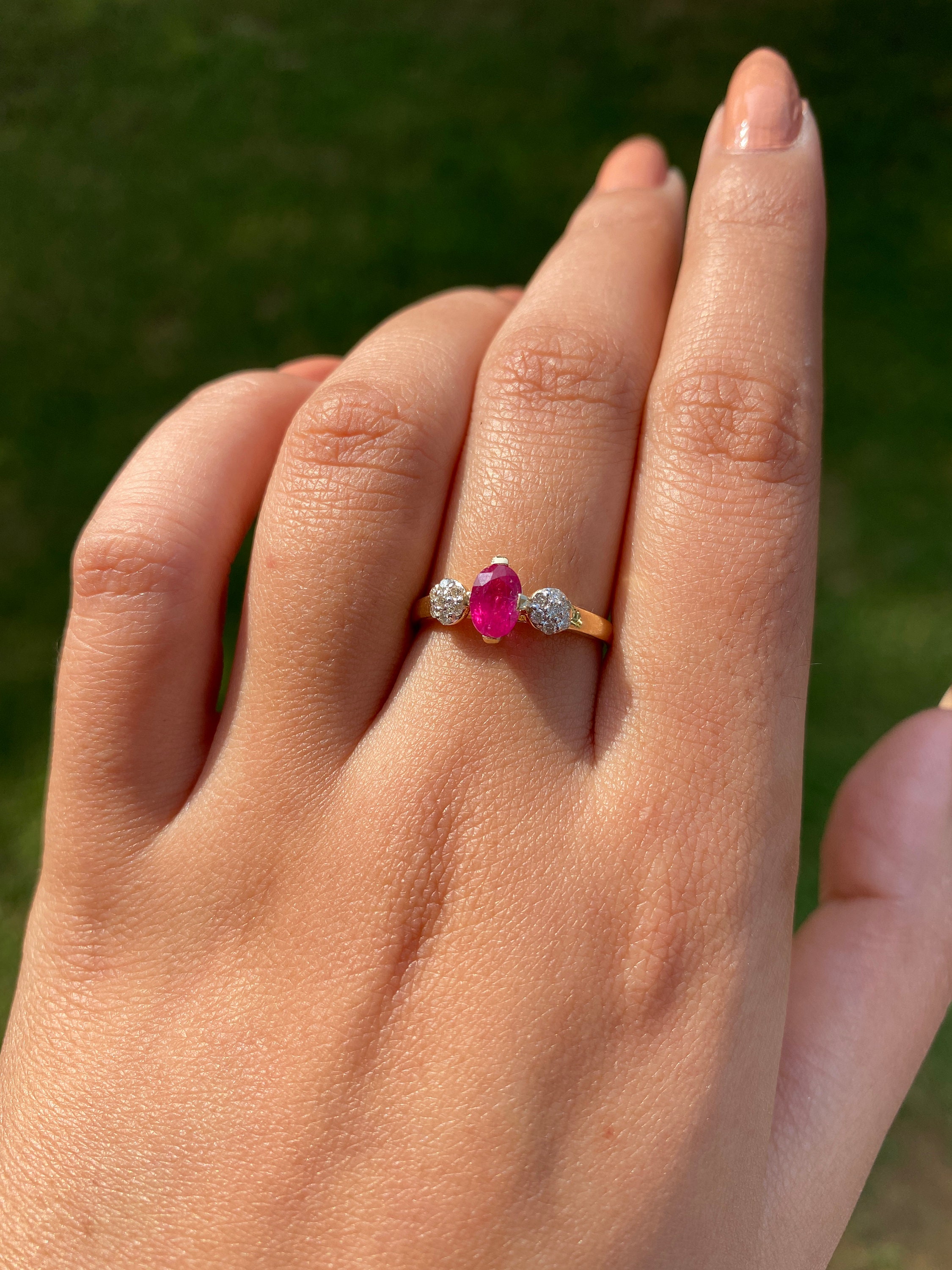 Natural Three Stone Ruby Ring with Diamonds in 14kYellow Gold | Etsy