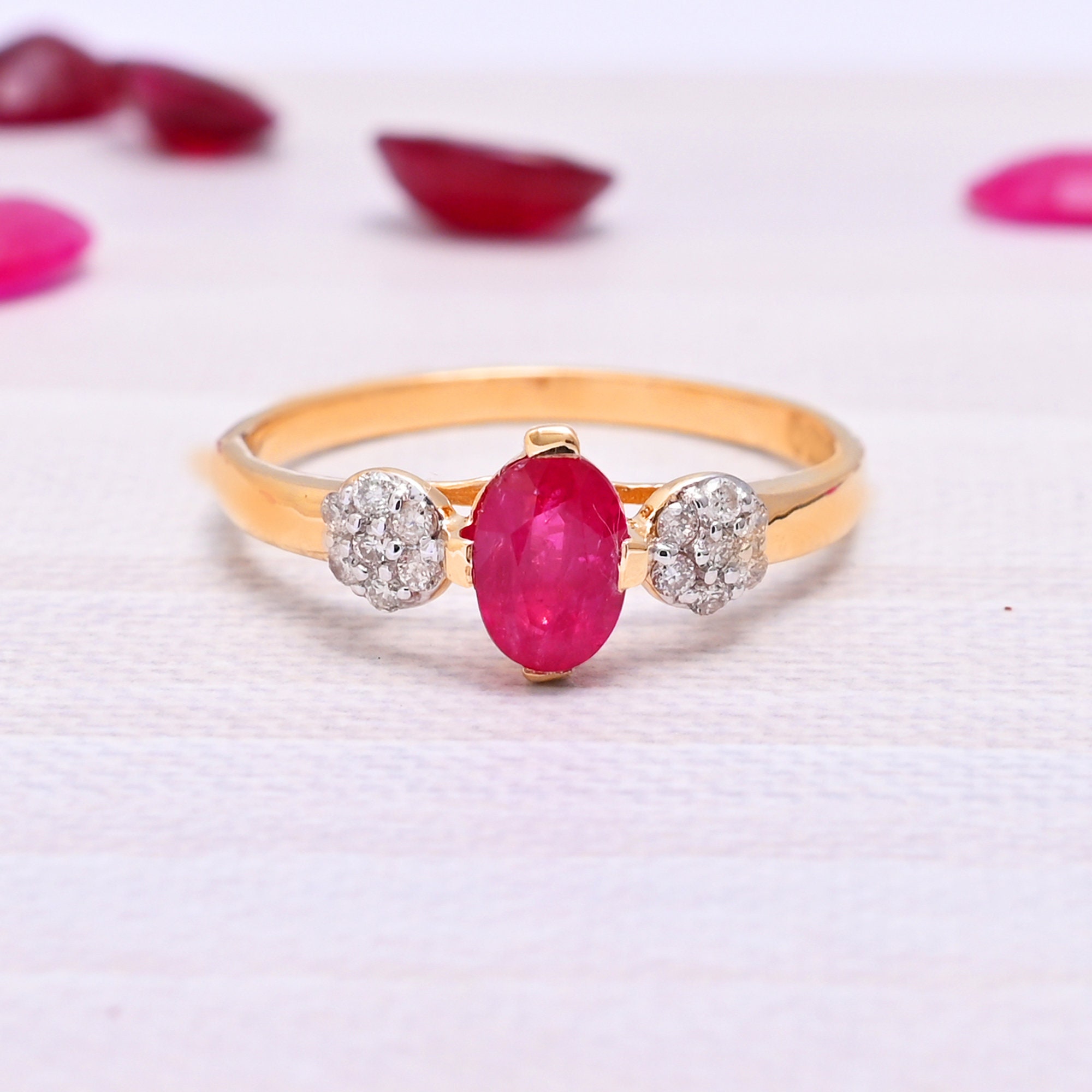 Natural Three Stone Ruby Ring with Diamonds in 14kYellow Gold | Etsy