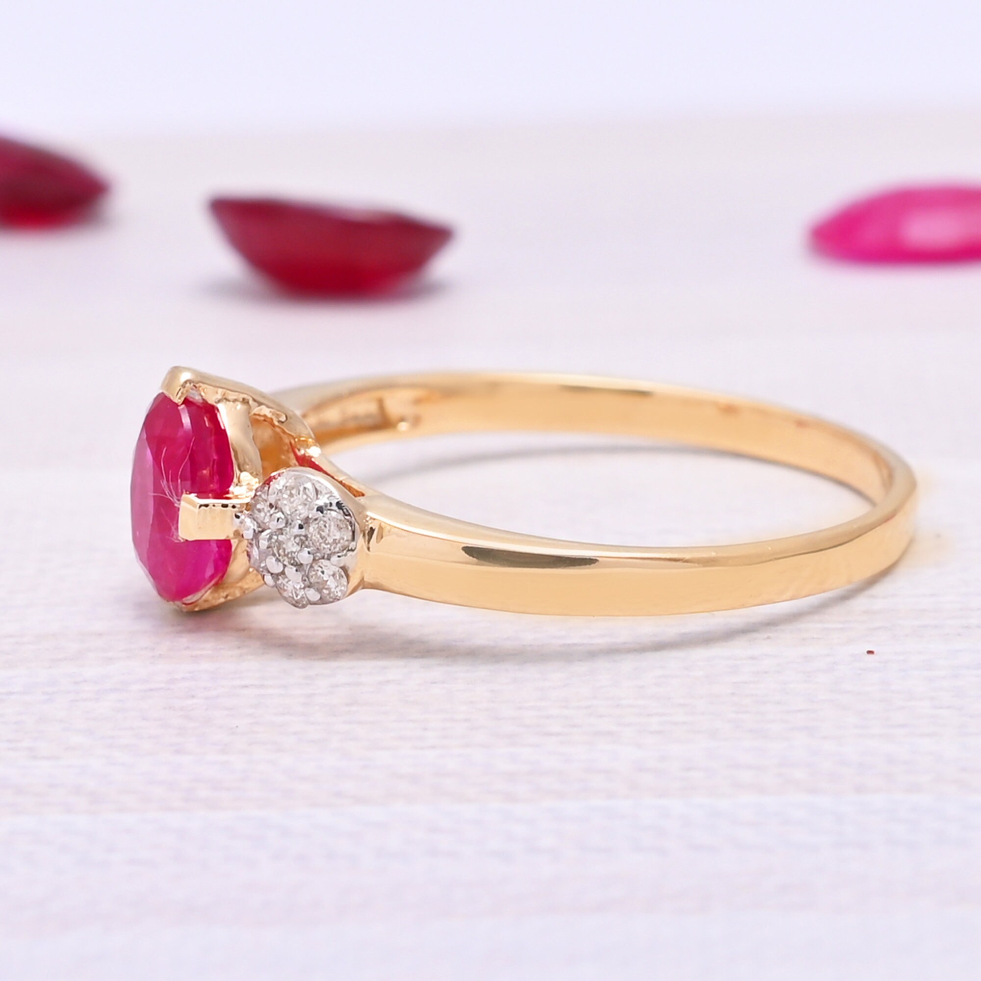 Natural Three Stone Ruby Ring with Diamonds in 14kYellow Gold | Etsy