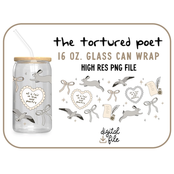 The Tortured Poets Dept. 16 oz Glass Can PNG / Libbey Can Design / Trendy Glass Cup / TS11 / Swiftie Cup Wrap Design / Instant Download