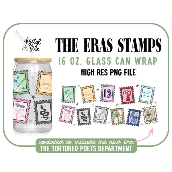 The Eras Stamps 16 oz Glass Can PNG / Libbey Glass Can Design / Trendy Glass Cup / Taylor Eras / Eras Tour Cup / Instant Download