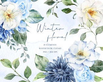 White and Blue Roses Watercolor Clipart, winter floral clip art, blue flowers png, commercial use, botanical wedding invitation, DIY