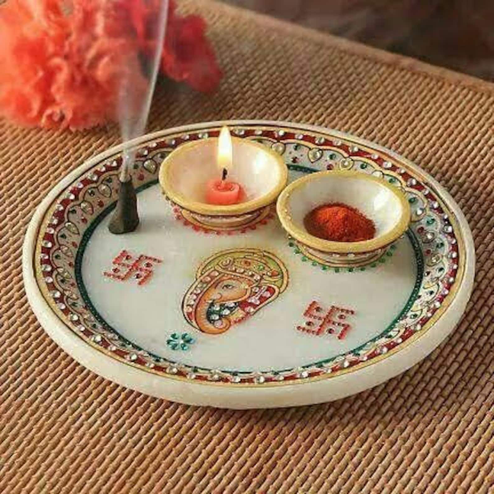 Designer Marble Puja Thali with Small Tilak Plate and Bowl l Etsy