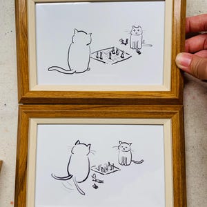 Regalo divertido para jugador de ajedrez, linda impresión artística para amantes de los gatos, regalo para amantes del ajedrez, póster humorístico, arte lineal en blanco y negro enmarcado sin marco