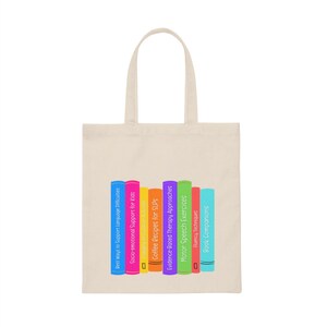 May include: A beige tote bag featuring a colourful design of books. The books have titles related to speech therapy, including "Best Ways to Support Language Difficulties", "Socio-emotional Support for Kids", "Coffee Recipes for SLPS", "Evidence-Based Therapy Approaches", "Motor Speech Exercises", "Fluency Techniques", and "Book Companions".