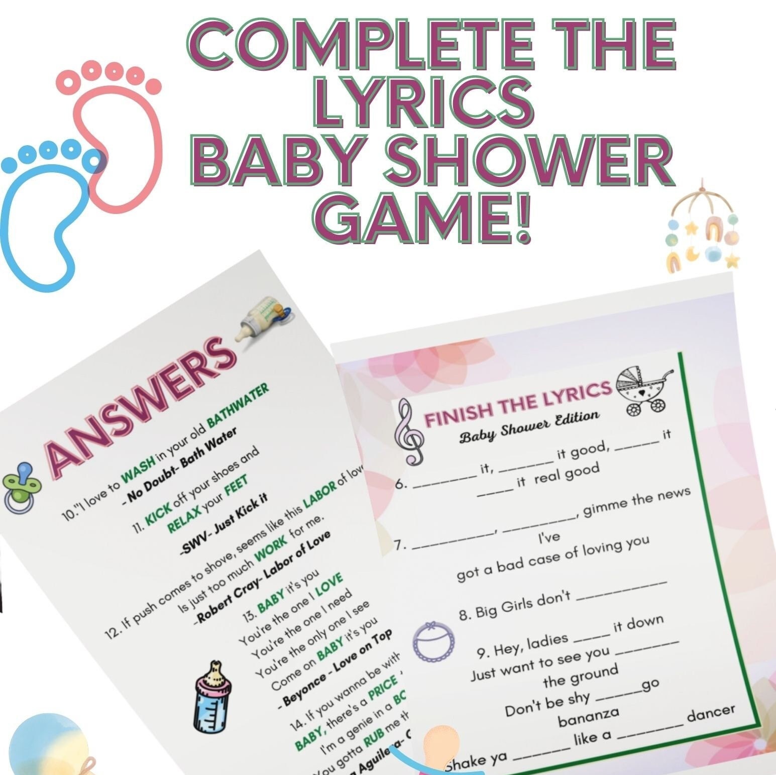 Music Match Printable Baby Shower Game Lyric Song Digital 