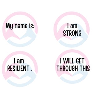 Può includere: Quattro cerchi rosa e blu con il testo "My name is:", "I am STRONG", "I am RESILIENT." e "I WILL GET THROUGH THIS" in nero.