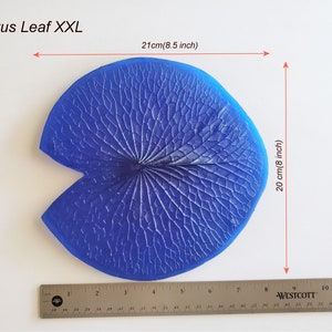 May include: Blue silicone mold shaped like a lotus leaf, measuring 8.5 inches wide and 8 inches long. The mold has a detailed texture resembling the veins of a lotus leaf.