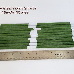 May include: A bundle of green floral stem wire, each 12 inches long, with white paper wrapping. The image includes a ruler for scale. Text on the image reads: "#22 Gauge Green Floral stem wire Length 12" 1 Bundle 100 lines."