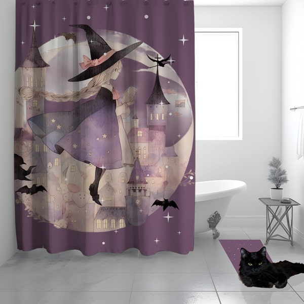 Limited Time Edition Enchanted Halloween Witch Levitation Shower Curtain for Whimsical Bathroom Decor