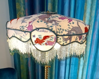 Exquisite antique 1920's Silk Lampshade with Silk Koi fish Embroidery and fresh water pearls