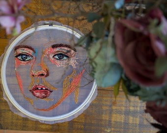 Custom  order, embroidered portrait on transparent tulle, framed, 12'' hoop