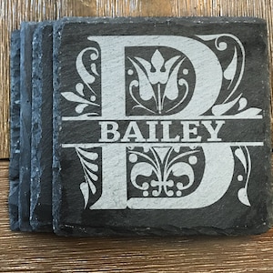 Personalized, Engraved Slate Coasters. Letter or Split Monogram with Name, Phrase or Photo|Wedding Gifts|House Warming.